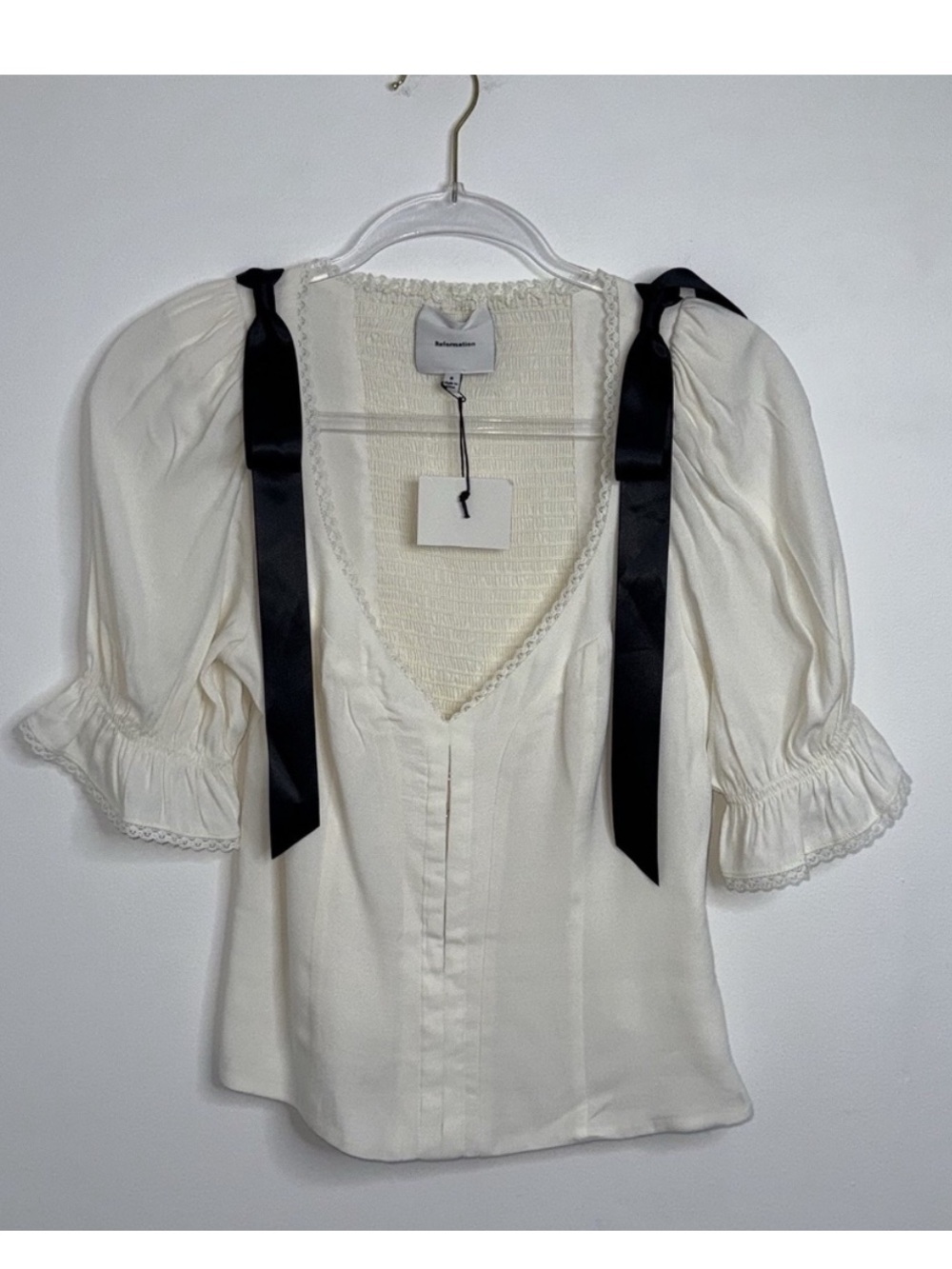 Reformation Inara Satin Bow Top Women’s Size 6 Small Smocked Fitted Blouse NWT*
